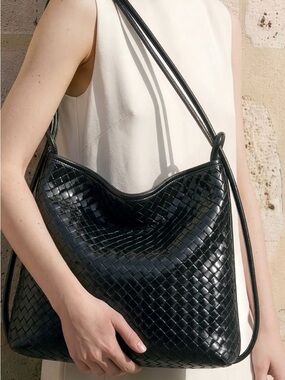 Vellatini Black Woven Leather Tote Convertible Laptop Work Travel Bag - NEW!